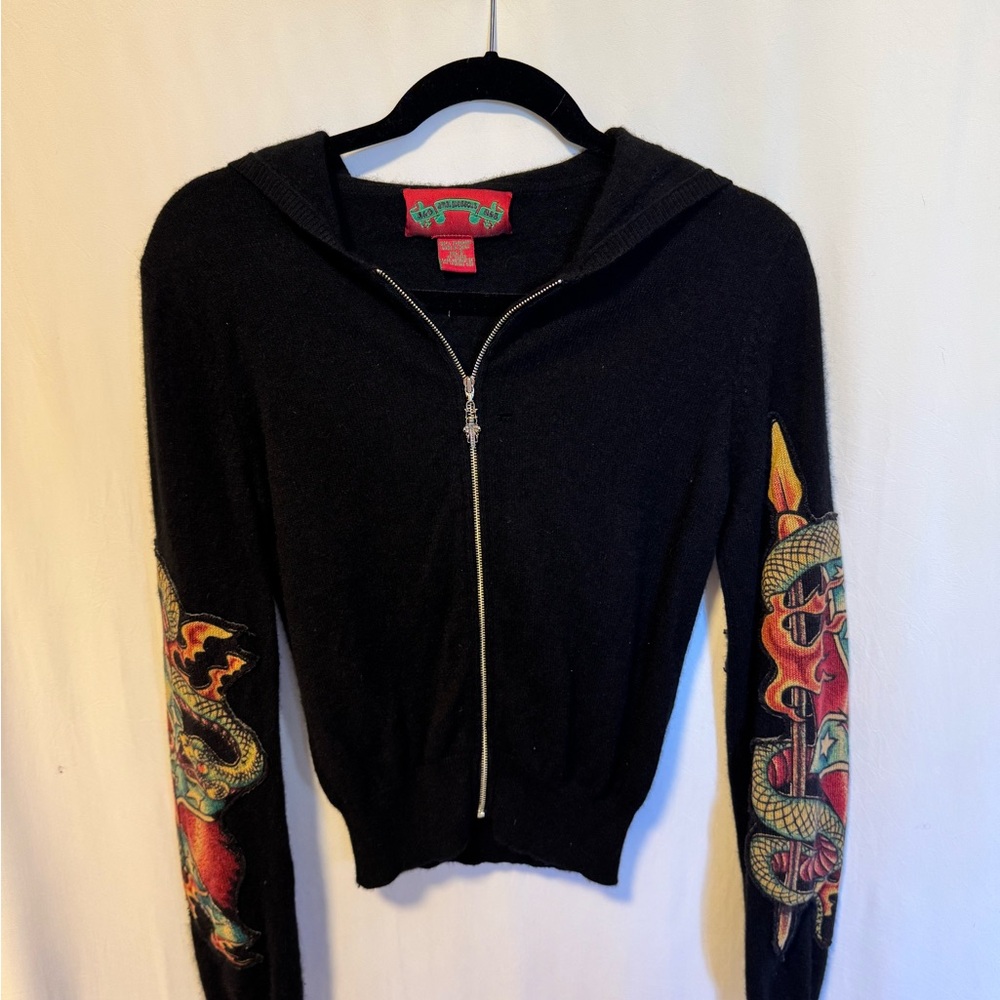 Black Hooded Sweater with Dragon Sleeve Design